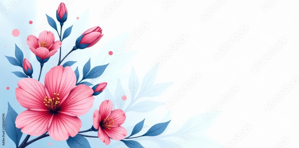 Naklejka premium Delicate pastel floral print; blue, pink, red blossoms on white , elegant, flower illustration, vibrant
