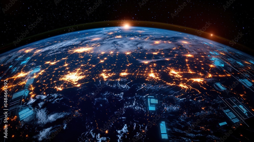Earth from space, illuminated cities, futuristic network Earth from space, illuminated cities, futuristic network