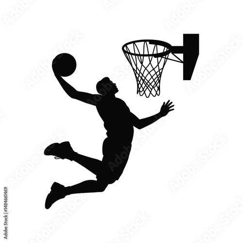Silhouette of a basketball player dunking the ball isolated on a white background