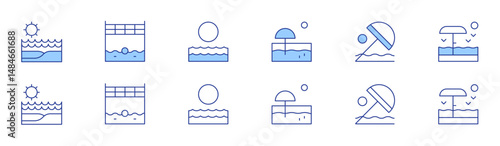 Beach icon set in two styles, Duotone and Thin Line style. Editable stroke. beach, beach volleyball, sunrise