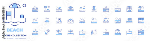 Beach icons collection. Line Duotone style, editable stroke. beach, sunset, beach volleyball, beach sunset, beach ball, waves, sun, sea, seat