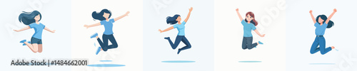 A woman in blue is jumping happily. Vector illustration