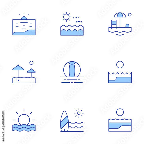 Beach icons set. Line Duotone style, editable stroke. beach, beach ball, sun, sea