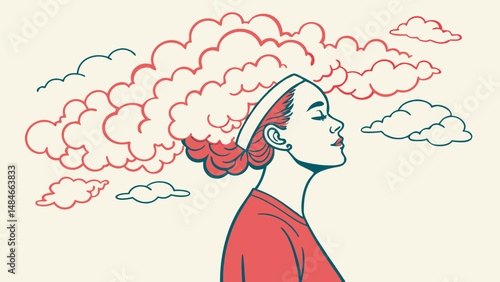 Vector surreal woman with clouds above her head, expressing creativity and imagination