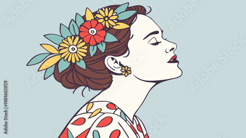 Vector woman with flowers in her hair, styled in floral design, exudes elegance and beauty