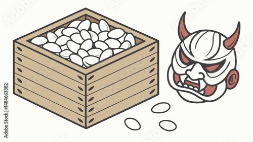 Vector wooden box filled with white beans alongside traditional Japanese demon mask, creating unique cultural display