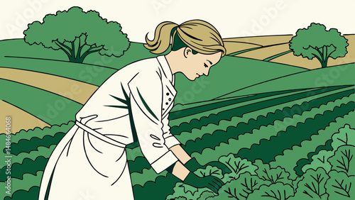 Vector female chef harvesting fresh kale in lush green field, showcasing dedication and passion for healthy food