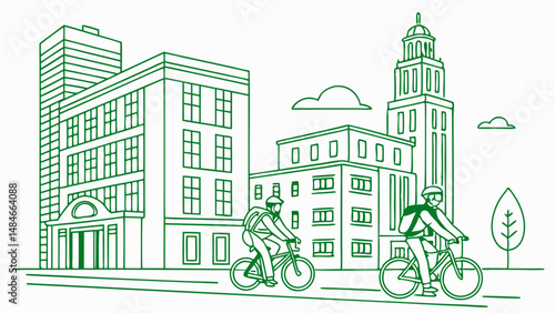 Vector Bicyclists ride through cityscape featuring buildings and trees, showcasing urban life and outdoor activity