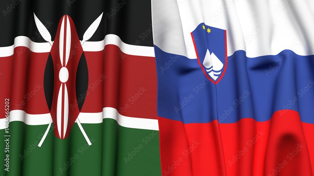 Fototapeta premium Flags of KENYA and SLOVENIA with realistic cloth texture