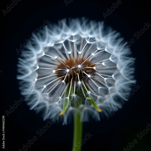 Close-Up of Dandelion Seed Head Against Black Background with Detailed Texture and Fine Silky Filaments