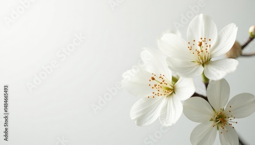 Delicate white blossoms against pure white backdrop, tranquil, bright, light
