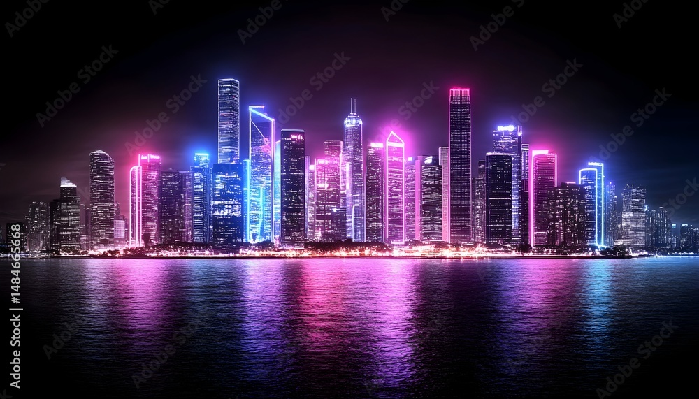 Fototapeta premium A vibrant cityscape at night, illuminated by neon lights reflecting in the water