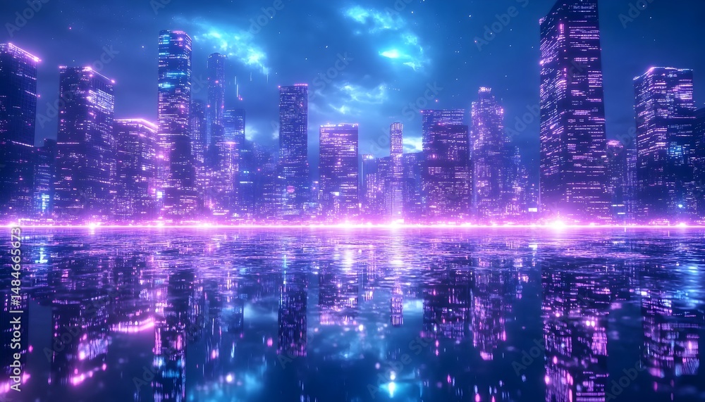 Obraz premium A vibrant city skyline at night with neon lights reflecting on a calm body of water