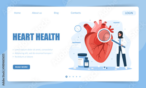 Heart health. Landing page template. Arab Female doctor. Cardiovascular diseases. Vector illustration in flat cartoon style.