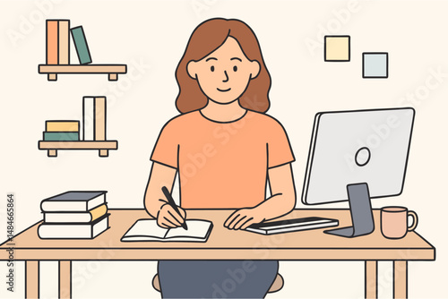 Focused Woman Working at Home Desk with Computer and Books