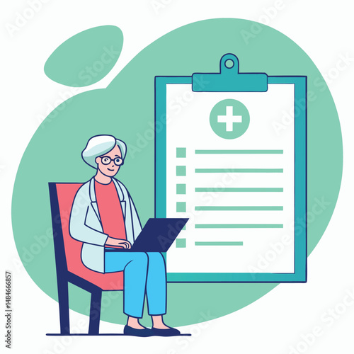 Senior Woman Doctor Using Laptop with Medical Checklist