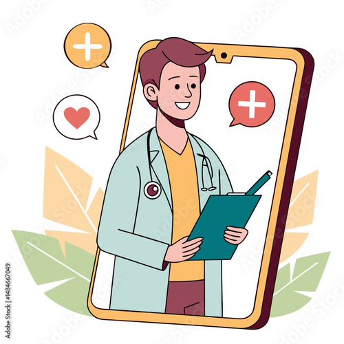 Smiling Doctor on Smartphone Screen Offering Online Medical Consultation and Healthcare Services
