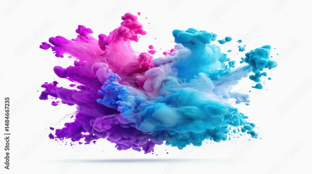 Obraz premium Colorful Smoke Explosion with Pink and Blue Swirls on a White Background in Artistic Style