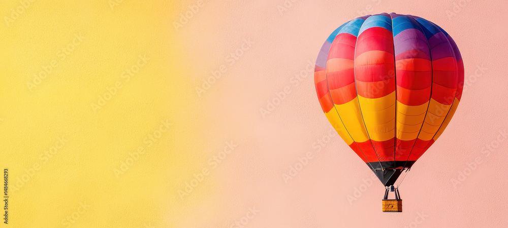 Obraz premium Vibrant hot air balloon floats against pastel background, showcasing bright colors and sense of adventure