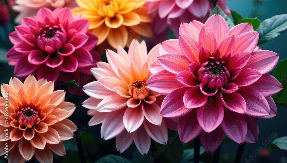 Intricate dahlia blooms, vibrant colors, overlapping petals , photography, print Intricate dahlia blooms, vibrant colors, overlapping petals , photography, print