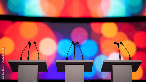 Three podiums with microphones on stage, ready for a debate or presentation against a colorful bokeh background.
