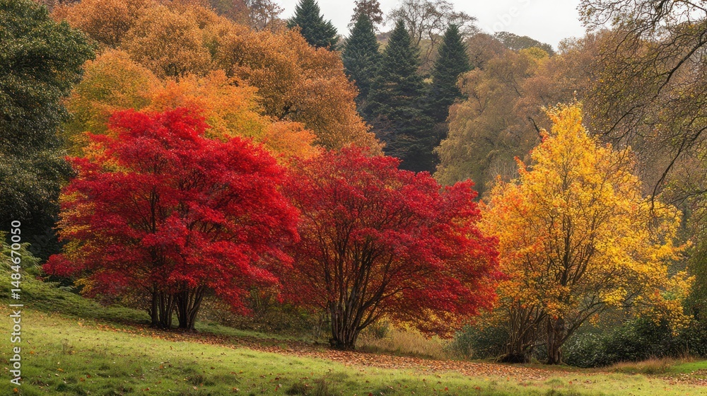 Obraz premium Vibrant Autumn Foliage in a Serene Forest Landscape with Stunning Color Contrasts