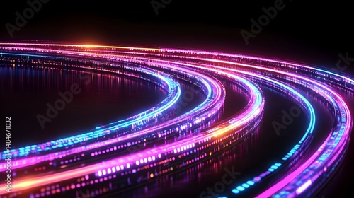 Three glowing neon circles, one blue, one pink, and one orange, spin around each other against a dark background, with a subtle reflection on the surface