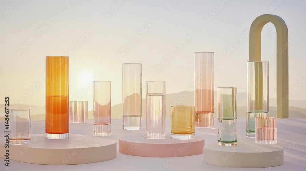 Elegant Display of Colorful Glass Vessels against a Serene Sunset Horizon on a Minimalist Background Elegant Display of Colorful Glass Vessels against a Serene Sunset Horizon on a Minimalist Background