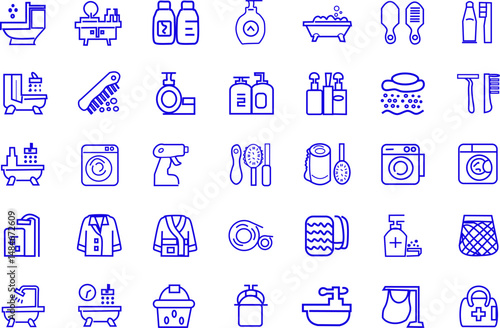 set of 35 outline icons related to bathroom utensils and fixtures