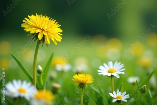 Lone vibrant yellow dandelion in field of white daisies, spring, color, yellow