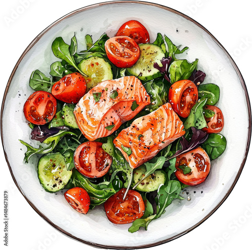 salmon salad top view watercolor illustration drawing painting 