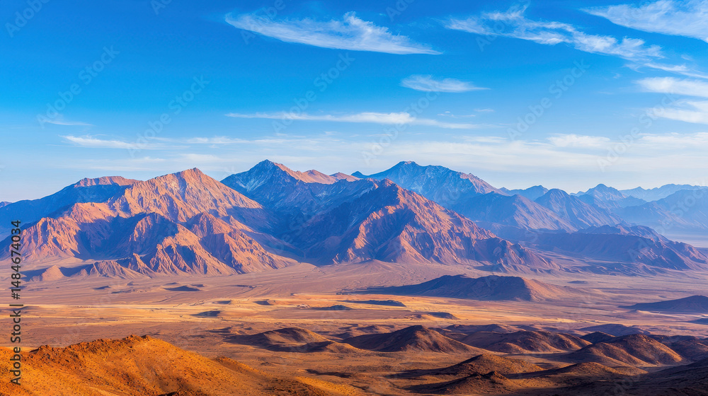Naklejka premium Breathtaking aerial view of majestic mountains under clear blue sky, showcasing rugged terrain and vast landscapes