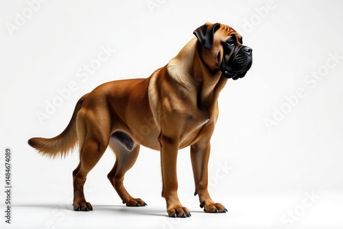 Majestic mastiff, powerful stance, white background, large, studio, eyes