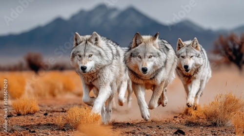 Wolves running in desert landscape