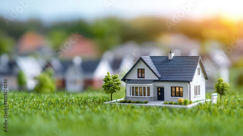 Wallpaper Mural Miniature model of house sits lush green grass, surrounded by blurred background of residential buildings, evoking sense of tranquility and home Torontodigital.ca