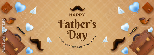 Happy Fathers Day Concept with Mustaches, Briefcases, and Flying Paper Planes