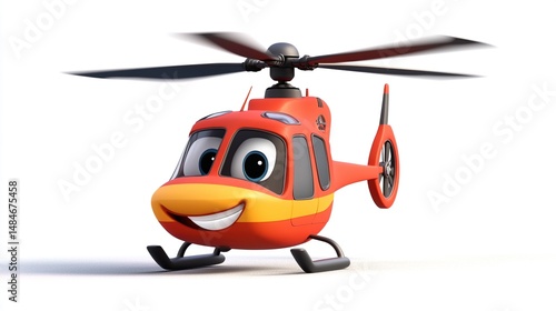 A cartoon helicopter with a happy face, in flight