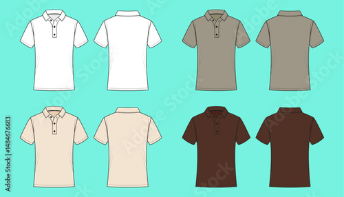 Men's short sleeve Polo shirt colour way set fashion flat sketch template outline CAD mockup.