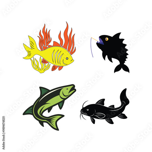 set of sea world fishes vector art illustration