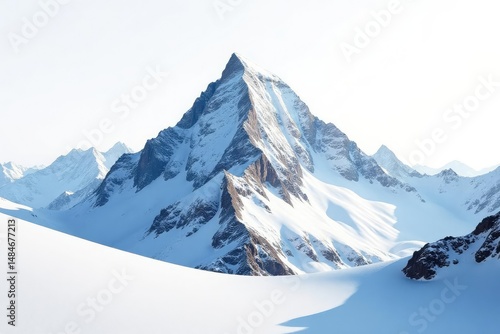 Snow-covered mountain peak, pristine white background, cold, ice, isolated