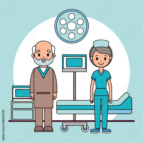 Cartoon Illustration of a Doctor and Nurse in a Hospital Room with Medical Equipment