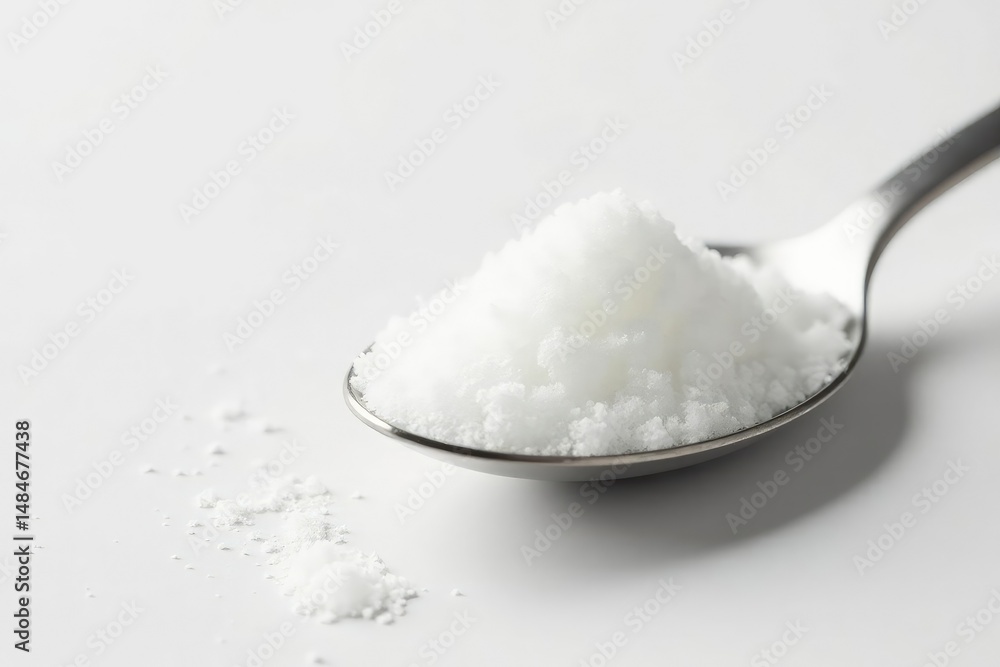 Spoonful of white sugar against white backdrop, tabletop, particles, sweetener Spoonful of white sugar against white backdrop, tabletop, particles, sweetener