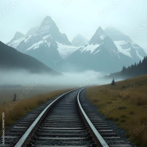 Lonely Train Tracks Through Foggy Fields Leading to Snow-Capped Mountains in Serene Misty Landscape Scene