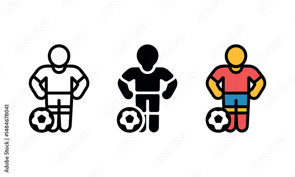 Vector Soccer Player Icons in Outline, Solid, and Color Styles with Ball Vector Soccer Player Icons in Outline, Solid, and Color Styles with Ball