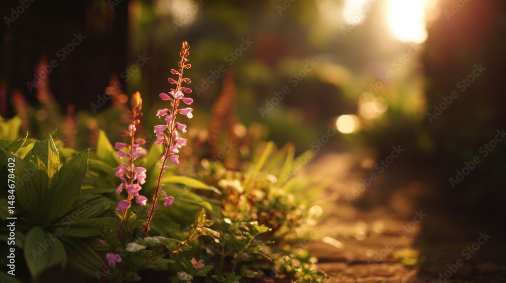 Obraz premium Soft Morning Light on Vibrant Flowers in a Serene Garden Pathway Scene