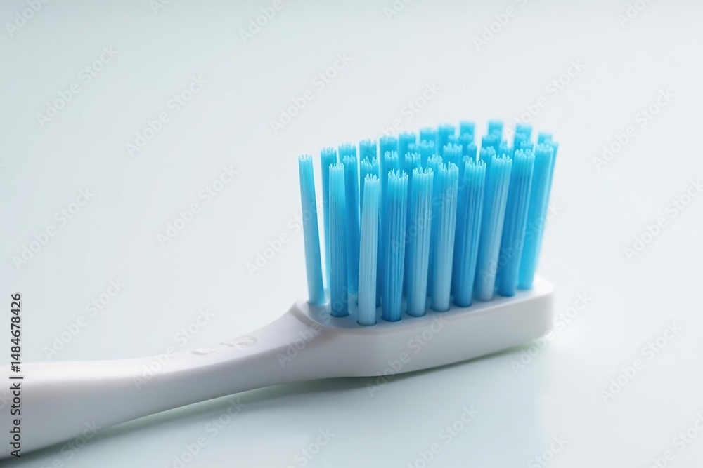 Close-up of toothbrush bristles on a bright white background, ready for use , dentist, blue Close-up of toothbrush bristles on a bright white background, ready for use , dentist, blue