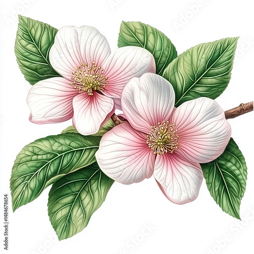 spring flower concept. Delicate pink flowers with green leaves on a white background. isolated on white background