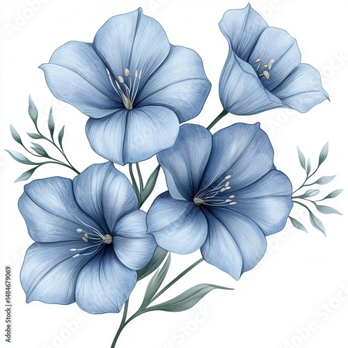 spring flower concept. Delicate blue flowers with intricate details and leaves. isolated on white background