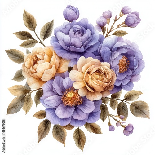 spring flower concept. Beautiful floral arrangement with purple and peach roses. isolated on white background