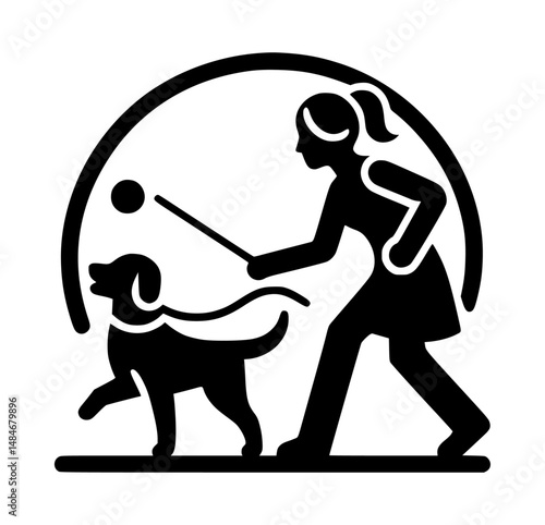 Woman training dog with stick icon logo in black color, vector, white background 